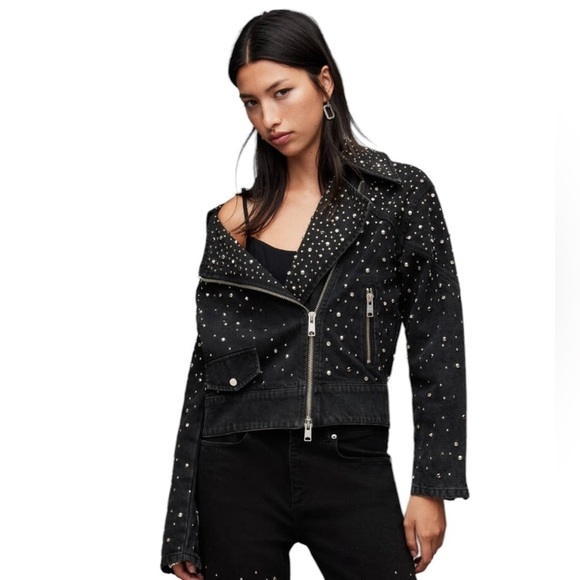 Allsaints Eve Studded Denim Biker Jacket in Washed Black Size 12 - Picture 11 of 11
